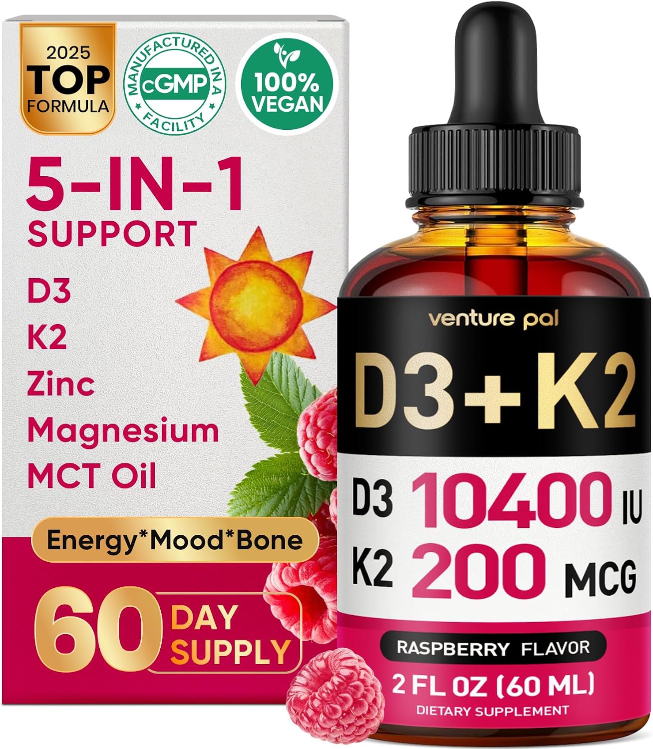 5-in-1 Vitamin D3 K2 Drops - 10000 UI D3 y 200 mcg K2 (MK-7) con Magnesio, Zinc y MCT Oil