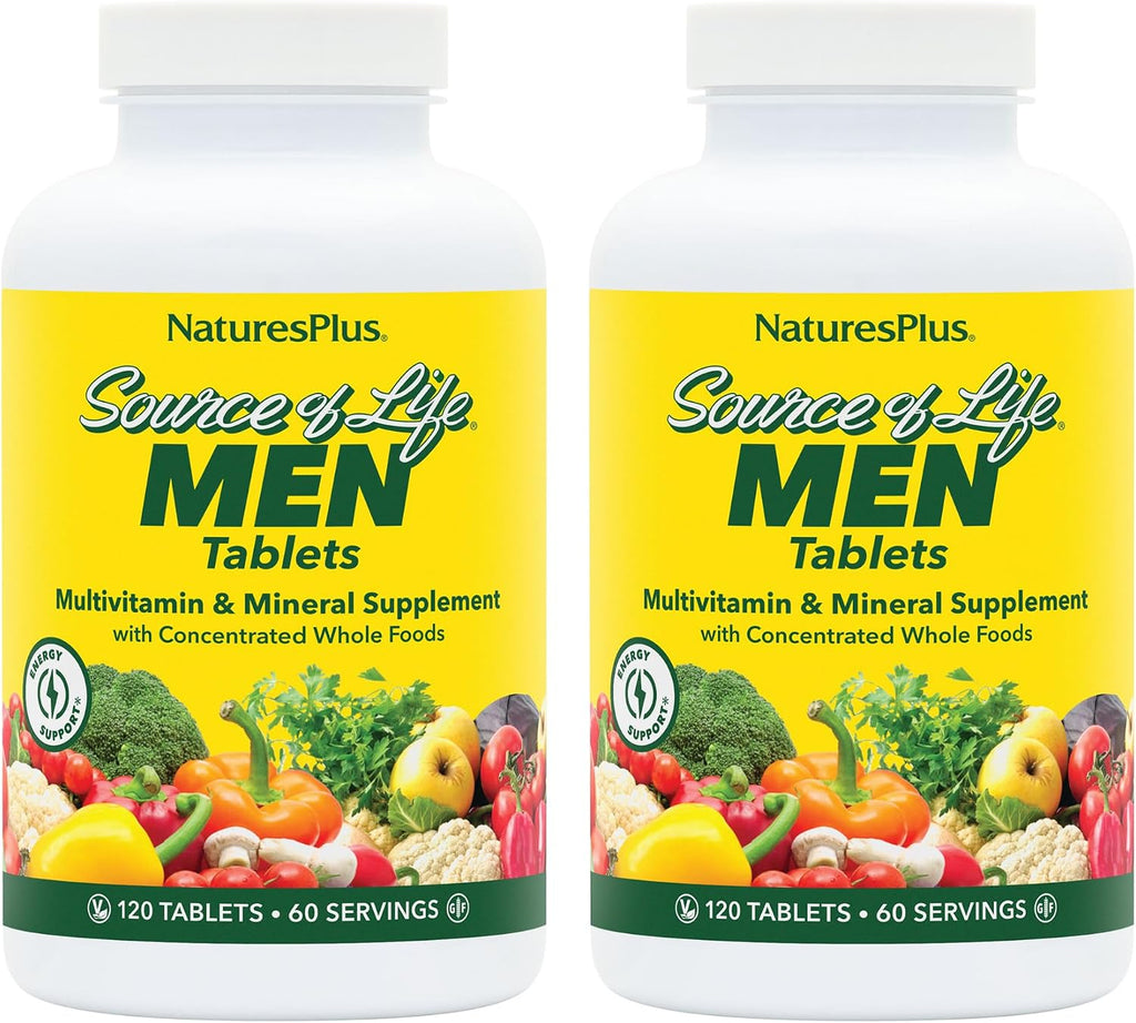 NaturesPlus Source of Life Men - 120 Comprimidos, Pack de 2 - Multivitamínico y Mineral sin Hierro con Saw Palmetto, Licopeno y Rhodiola - Sin Gluten, Vegetariano