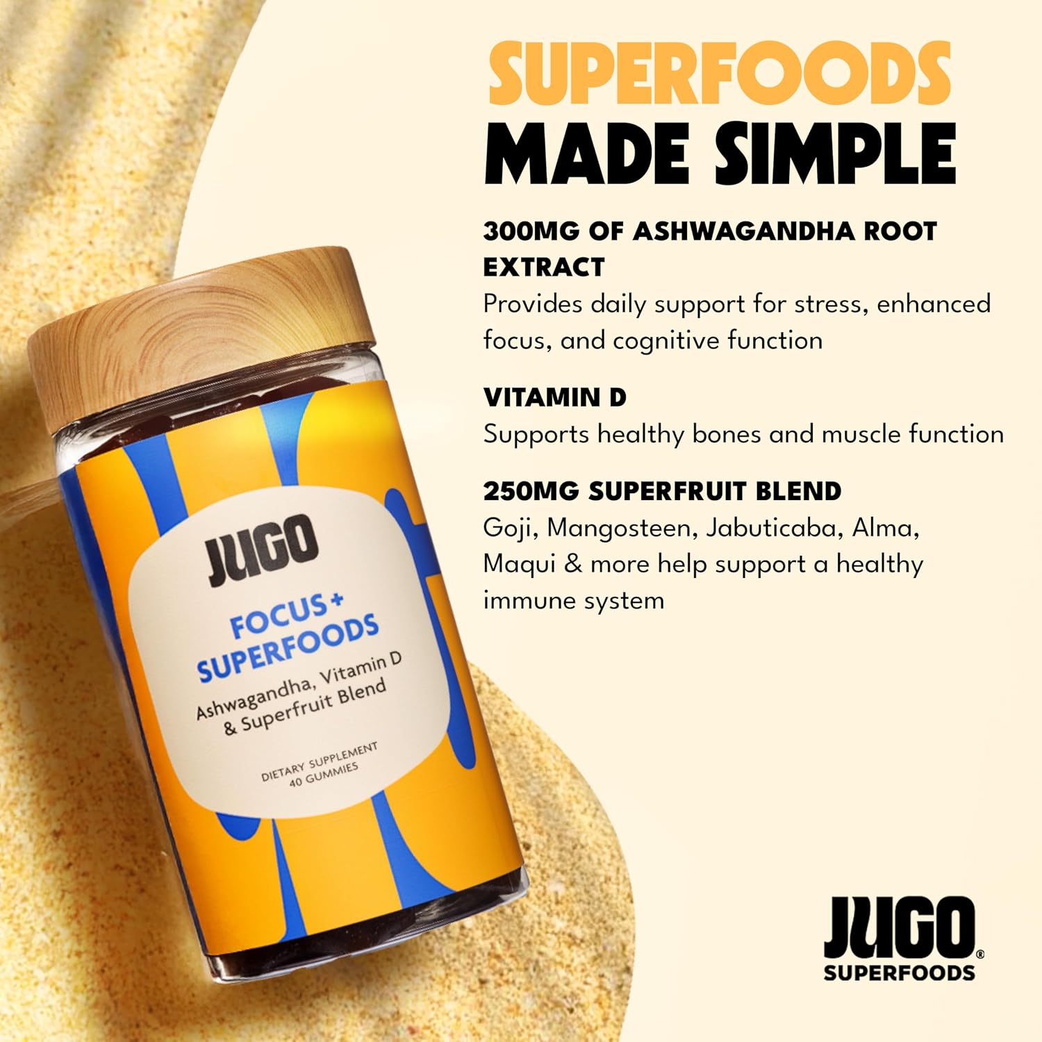 JUGO Focus + Superfoods Gominolas de Ashwagandha con Vitamina D3 y Mezcla de Superfrutas