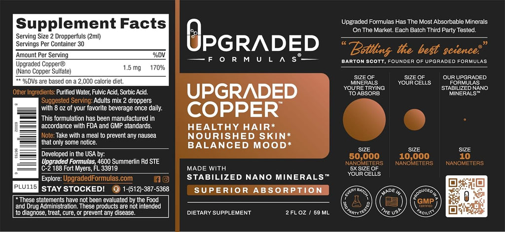 Upgraded Formulas Cobre Líquido con Nano Minerales - Cabello Saludable, Piel Nutrida y Equilibrio - Vegano, Paleo (60 ml)