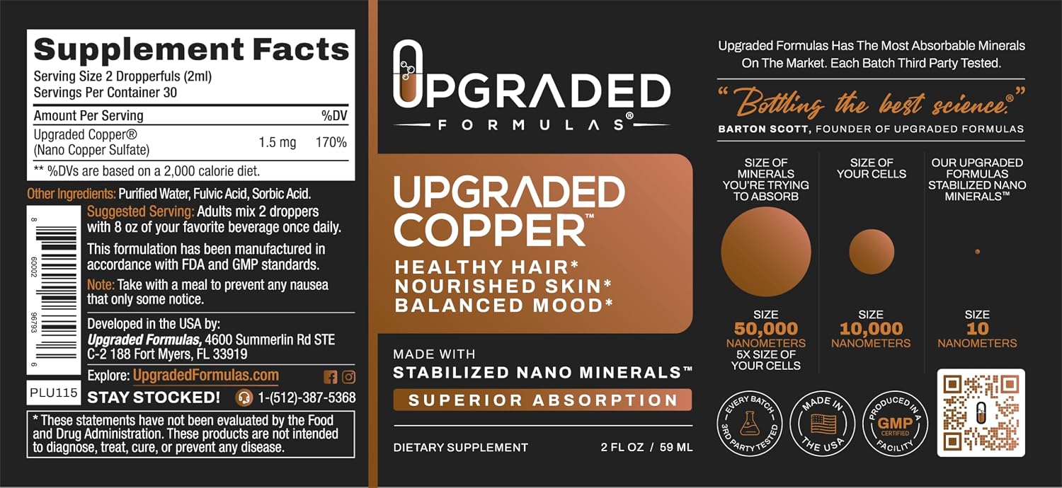 Upgraded Formulas Cobre Líquido con Nano Minerales - Cabello Saludable, Piel Nutrida y Equilibrio - Vegano, Paleo (60 ml)
