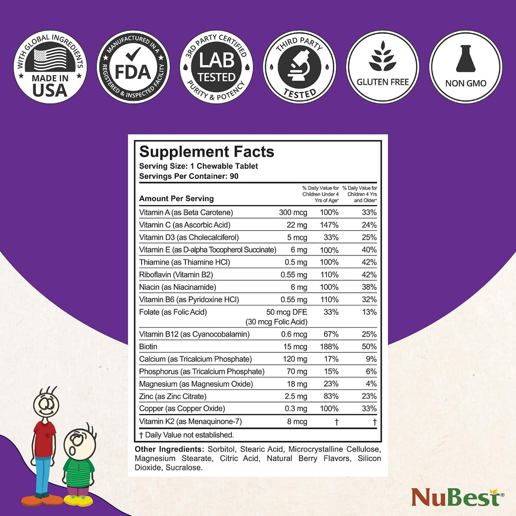 NuBest Tall Kids - Vitaminas masticables para niños de 2 a 9 años - 180 comprimidos con sabor a bayas (Pack de 2) - Apoyo al crecimiento y sistema inmunitario