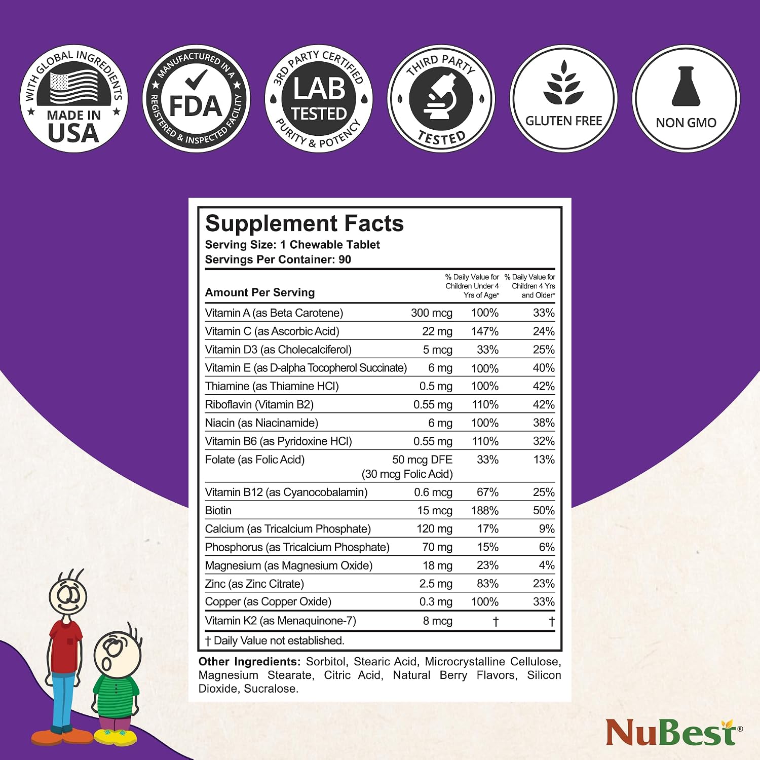 NuBest Tall Kids - Vitaminas masticables para niños de 2 a 9 años - 180 comprimidos con sabor a bayas (Pack de 2) - Apoyo al crecimiento y sistema inmunitario