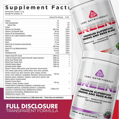 Core Nutritionals Greens - Mezcla Premium de Superfoods Rojos y Verdes con Probióticos, Enzimas Digestivas y Antioxidantes - – Image 2
