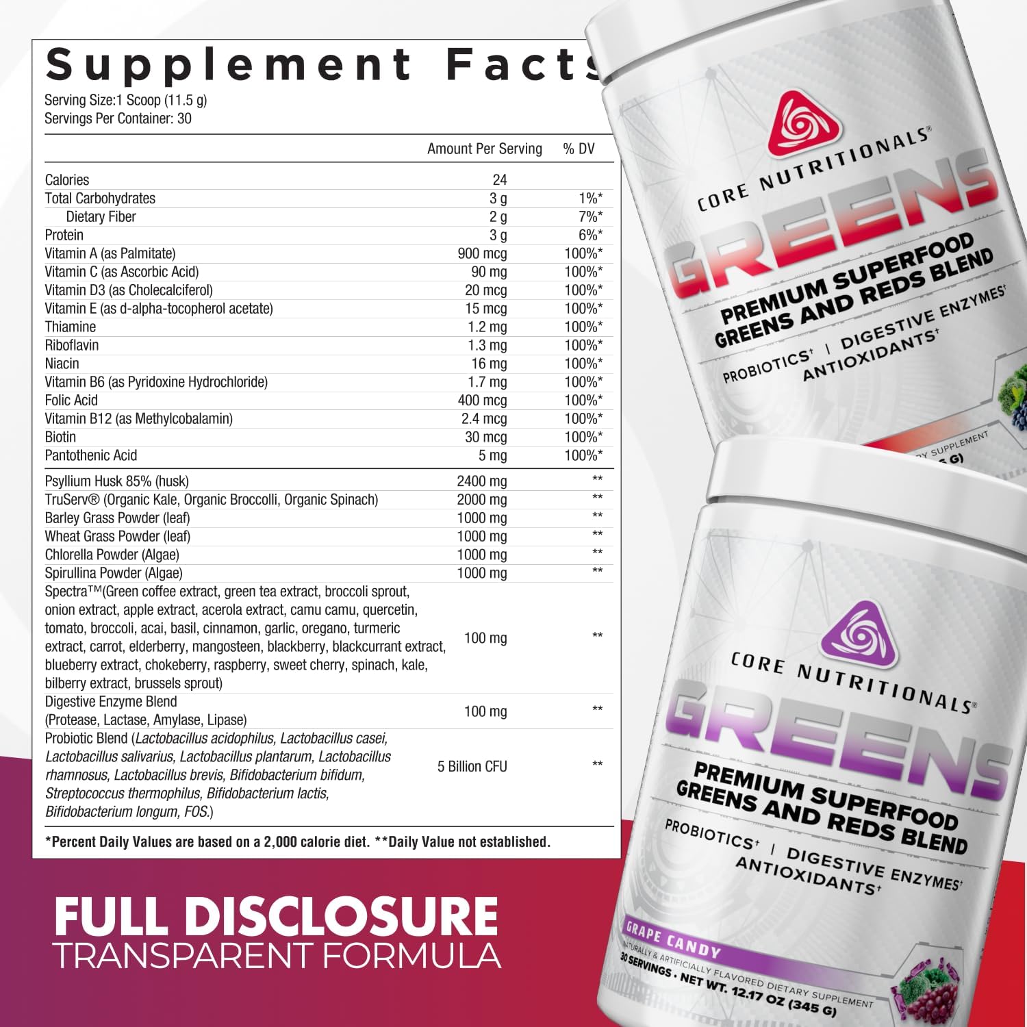 Core Nutritionals Greens - Mezcla de Superalimentos Verdes y Rojos con Probióticos y Enzimas Digestivas - 30 Raciones (Berry Bliss)
