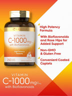 Carlyle Vitamina C 1000mg con Escaramujo y Bioflavonoides Cítricos | 250 Comprimidos Recubiertos | Vegetariano, No-GMO, Sin Gluten