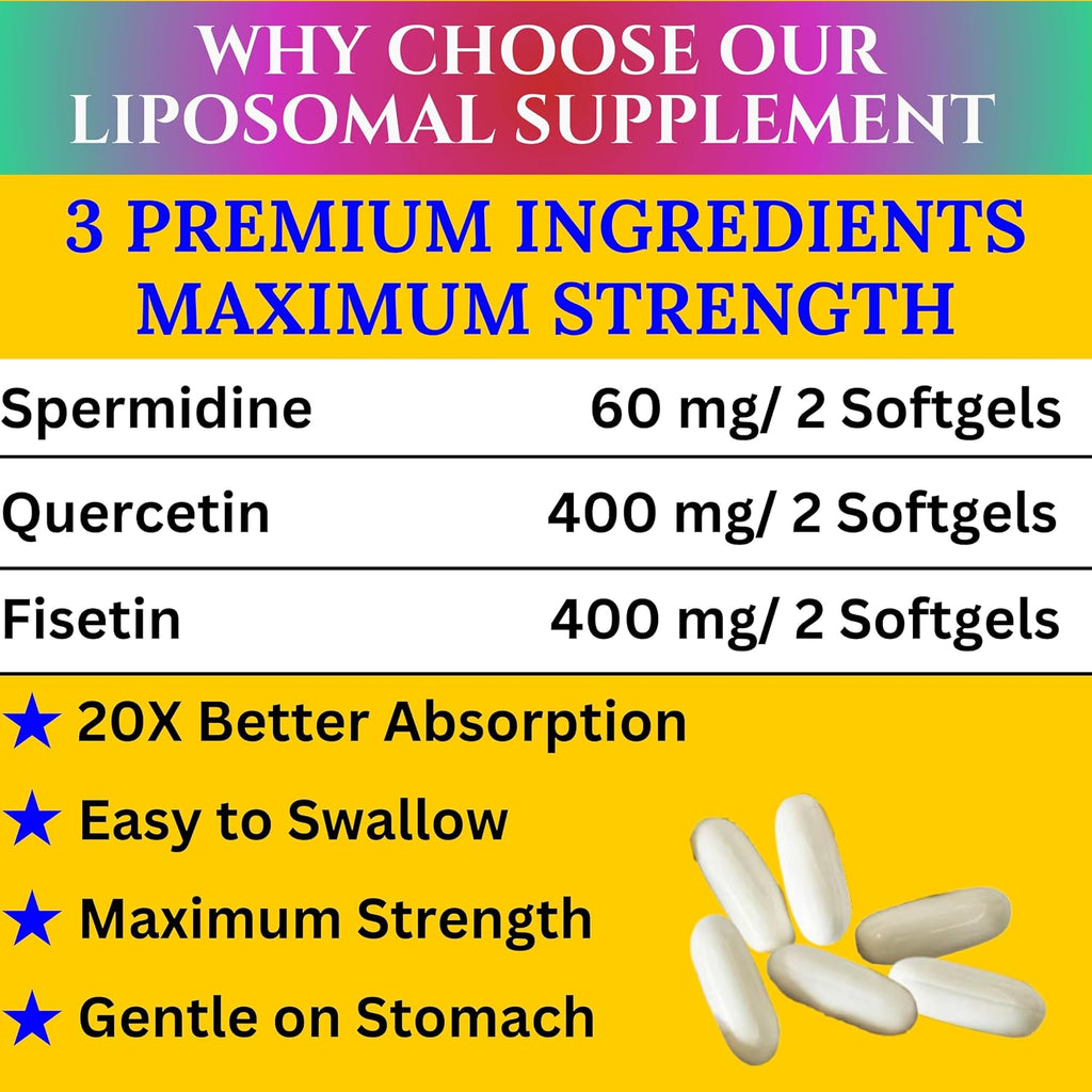 Nikoni Liposomal Spermidina, Quercetina, Fisetina 860mg - Apoyo al Envejecimiento Saludable, Renovación Celular, Función Cognitiva - 60 Cápsulas Blandas