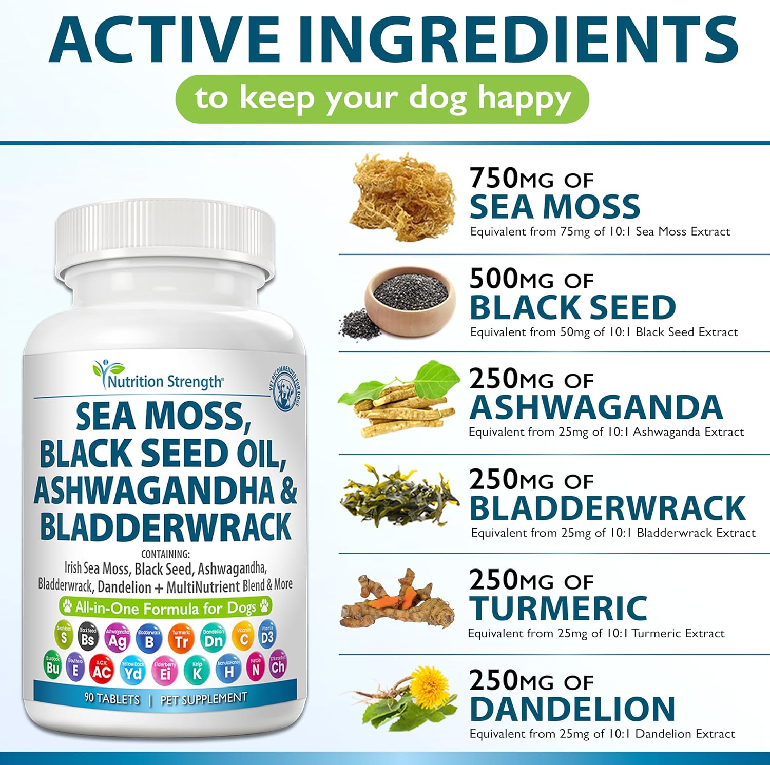 Nutrition Strength Sea Moss para Perros - 17-en-1 Apoyo Inmunidad, Piel y Pelaje con Aceite de Semilla Negra, Ashwagandha y Cúrcuma - 90 Comprimidos Masticables