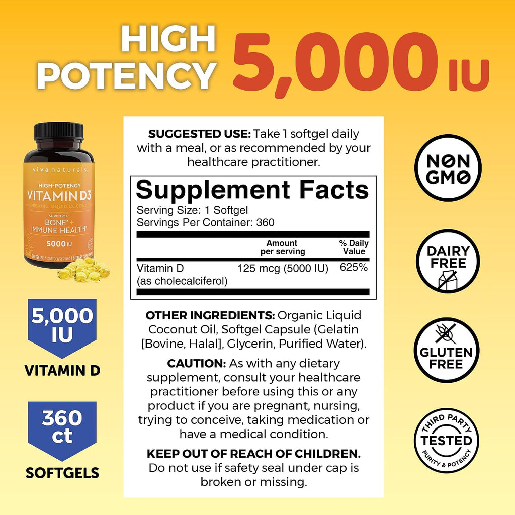 Viva Naturals Vitamin D3 5000 IU Softgels, 360 Count (125 mcg)