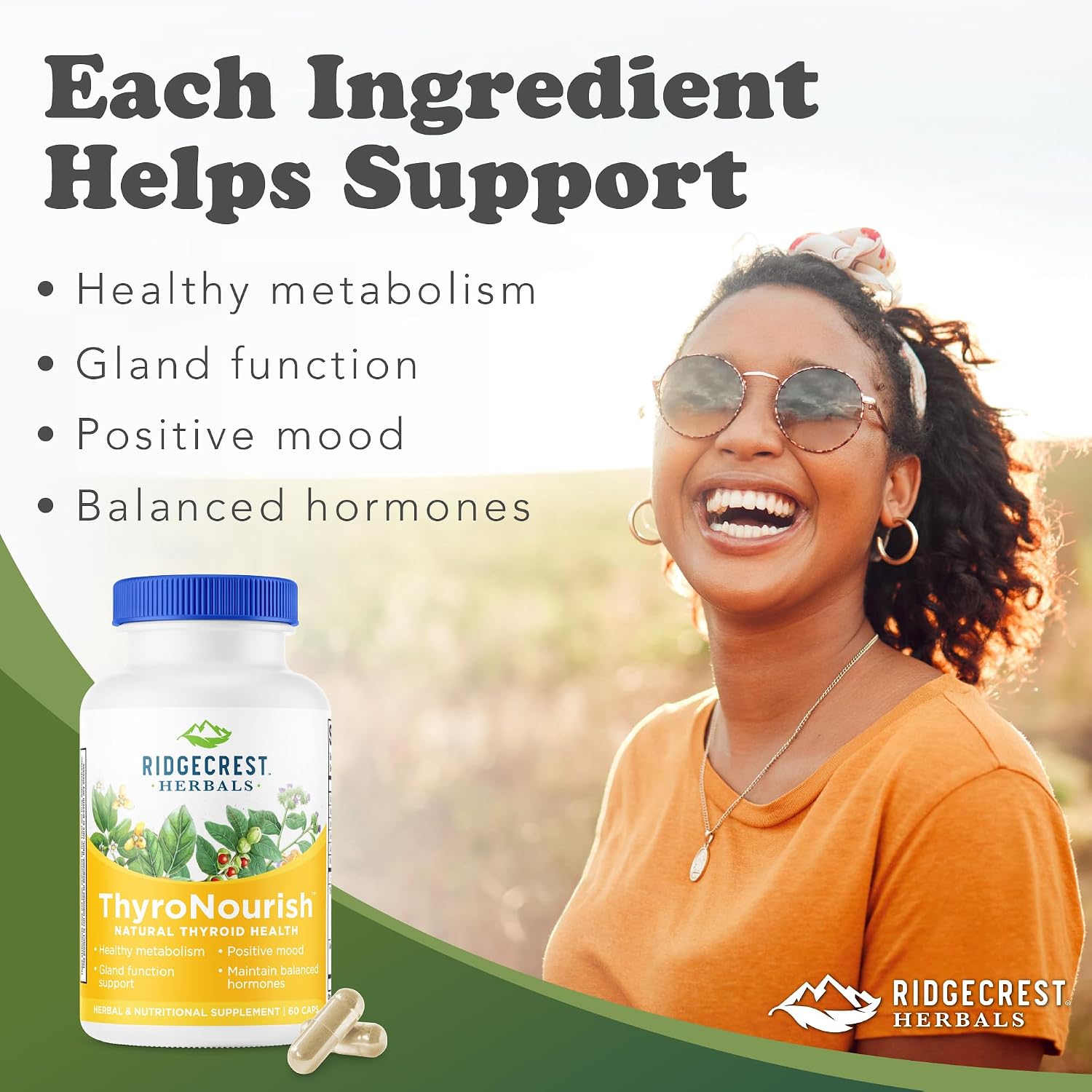 Ridgecrest Herbals ThyroNourish - Suplemento para la tiroides con ashwagandha, L-tirosina, yodo y algas marinas - 60 cápsulas