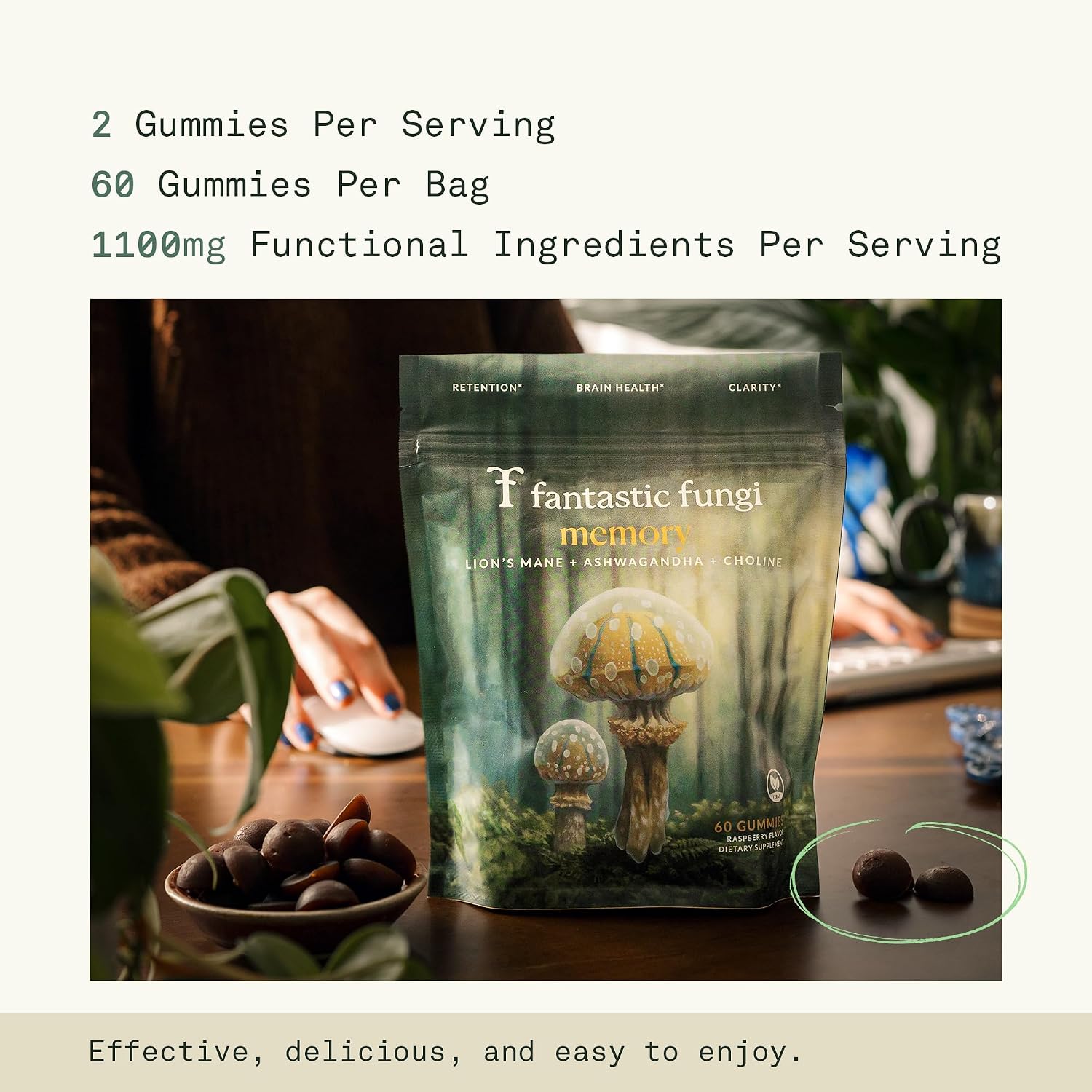 Gominolas de Hongos Orgánicos para el Enfoque y la Memoria, León Melena, Colina y Ashwagandha para Adultos | Vegano, Sabor Agridulce | 1 Mes de Suministro | 60 Gomitas