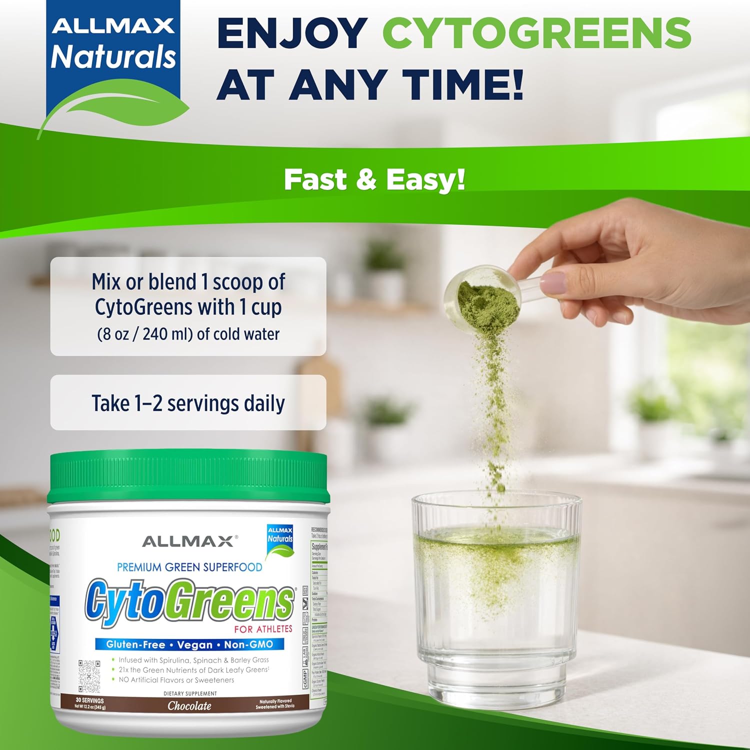 ALLMAX CytoGreens Super Greens en Polvo, Acai Berry Green Tea, 30 porciones