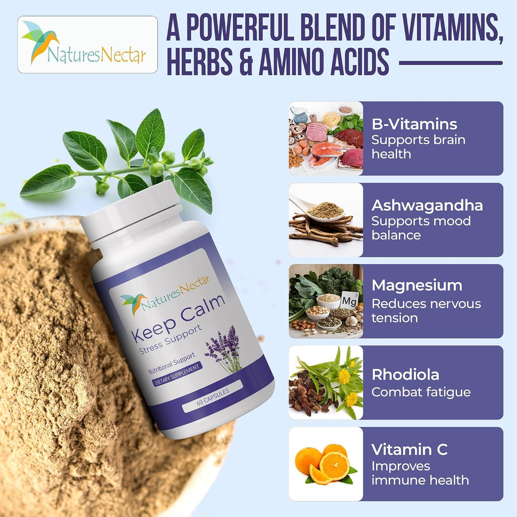 Nature's Nectar Suplemento para el Estrés y la Ansiedad – Cápsulas Keep Calm con Ashwagandha, GABA, Magnesio y 5-HTP – 60 Cápsulas