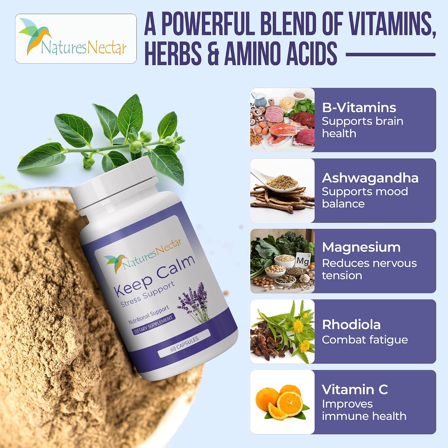 Nature's Nectar Suplemento para el Estrés y la Ansiedad – Cápsulas Keep Calm con Ashwagandha, GABA, Magnesio y 5-HTP – 60 Cápsulas