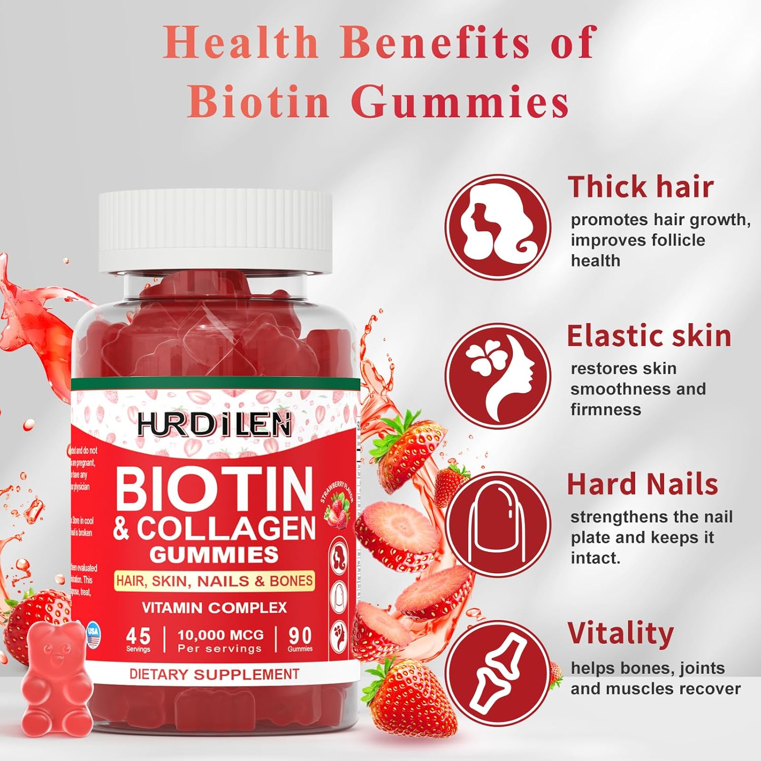 Hurdilen Biotina Colágeno Gummies 10000mcg - 90 Gominolas para Cabello, Piel y Uñas