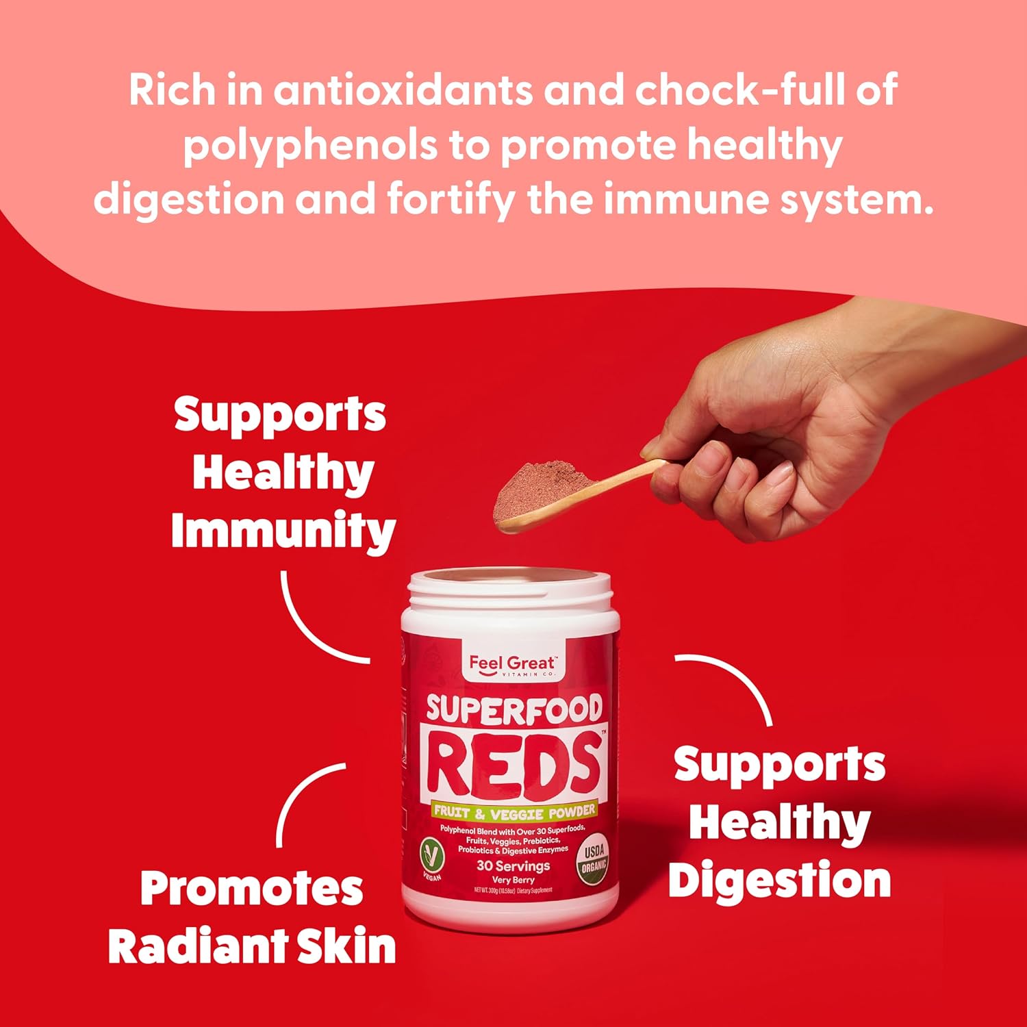 Feel Great Organic Superfood Reds Powder - Remolacha, Frutas y Verduras - Apoyo Digestivo y Antioxidante