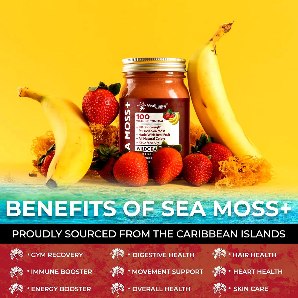 Irish Sea Moss Gel Raw - Wildcrafted Superfood Seamoss Gel - Sabor Fresa Plátano - 10 oz