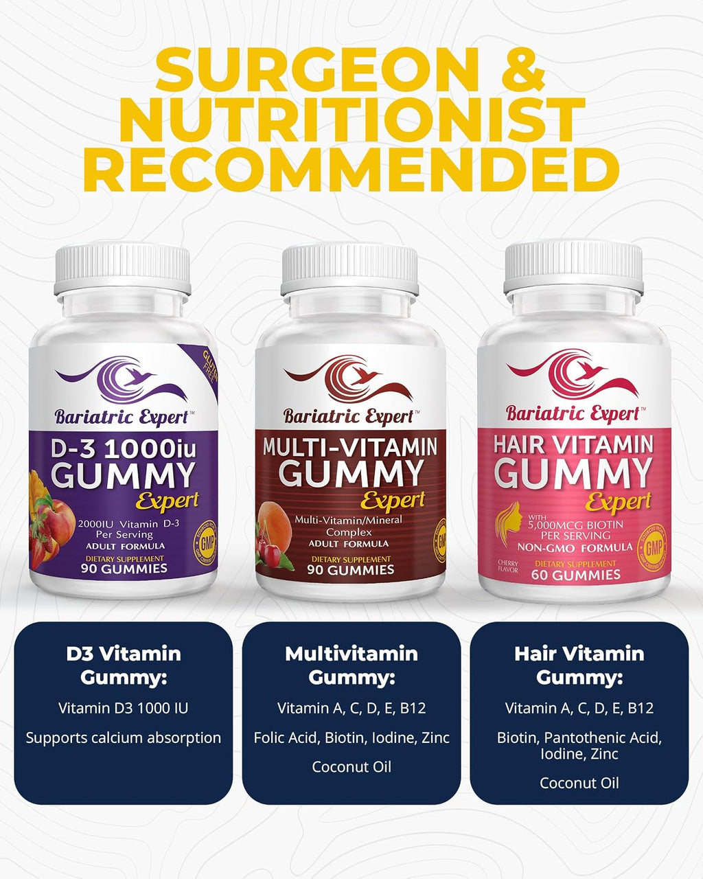 Pack Triple de Multivitamínicos Bariátricos - Gominolas Multivitamínicas, Vitamina D3 y Cabello