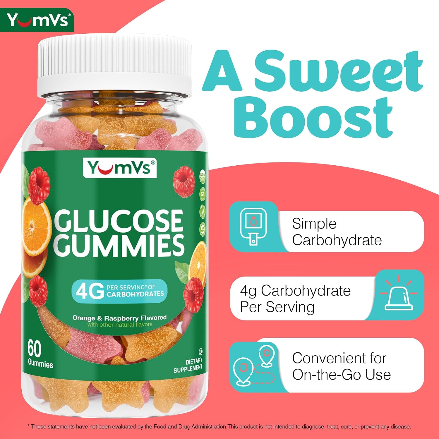 YUM-V'S Glucose Gummies – Gominolas de Glucosa de Acción Rápida – Sabor Natural Naranja y Bayas – 60 Gominulas Masticables para Adultos y Niños