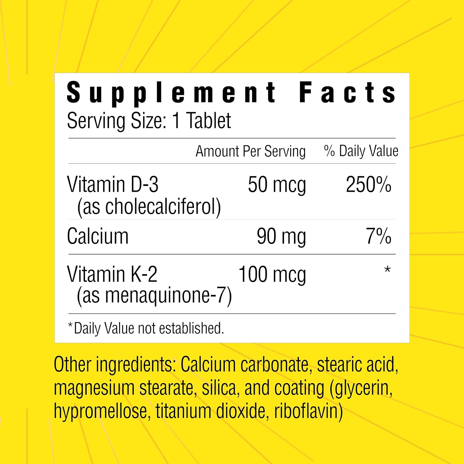 Sunshine Vitamina D3 con Vitamina K2, 2000 UI D3 + 100 mcg K2, 60 Comprimidos