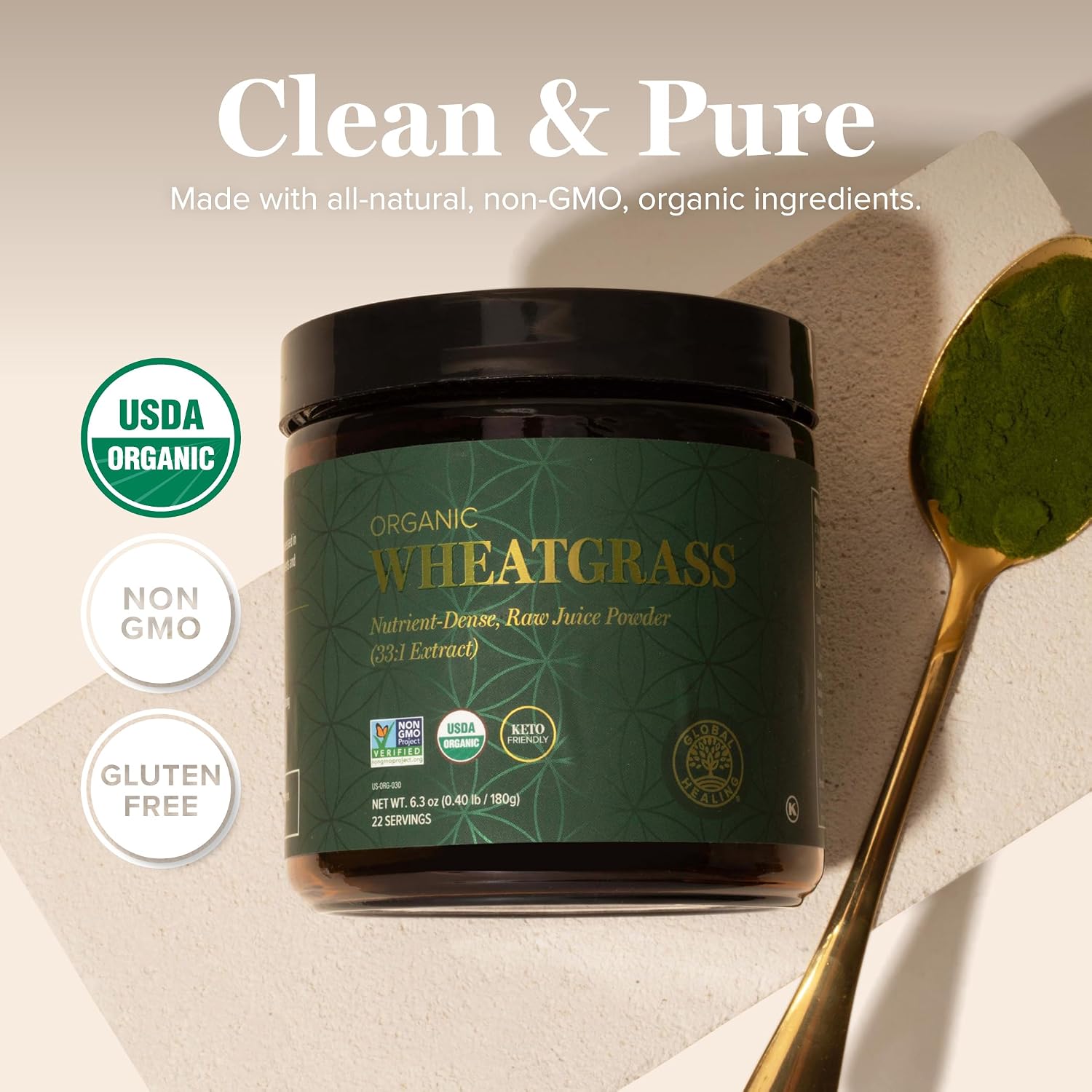 Global Healing Polvo de Hierba de Trigo Orgánico 180g - Rico en nutrientes, jugo de hierba de trigo crudo (extracto 33:1) con antioxidantes para apoyo inmunológico y energía - Procesado en frío, No GMO