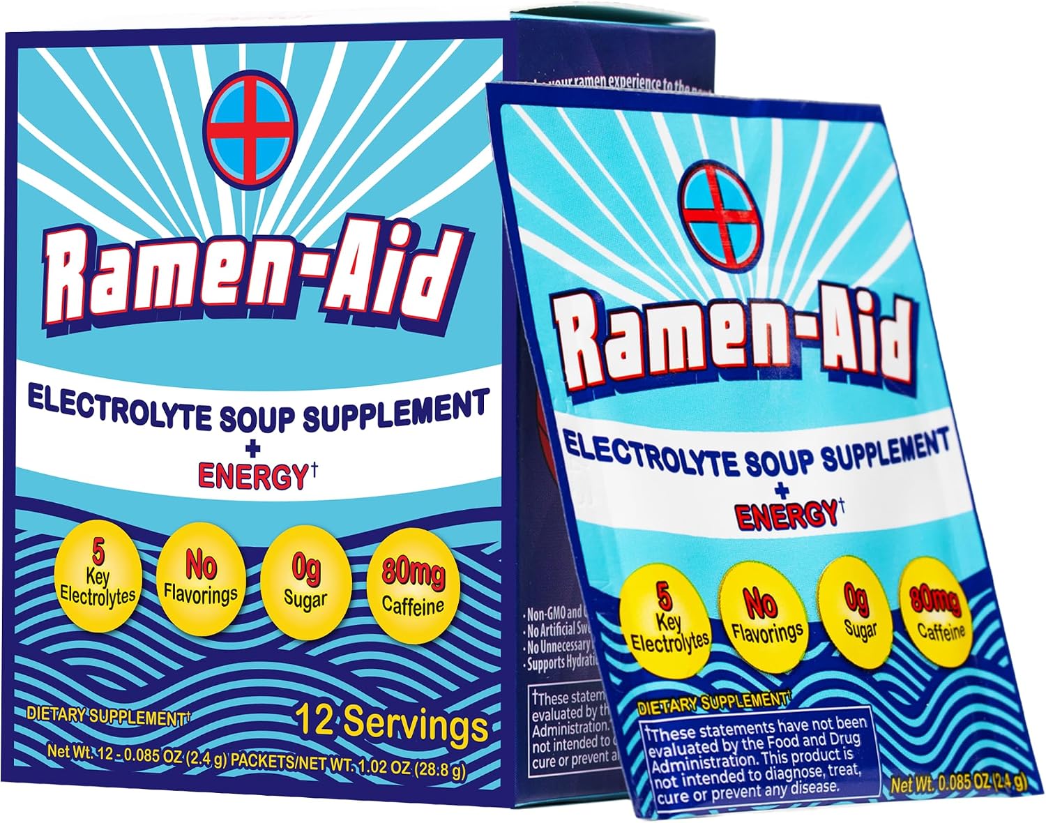 Ramen-Aid Electrolyte Soup Supplement con Energía, 80mg Cafeína, Sin Sodio, Sin Azúcar, 12 Sobres