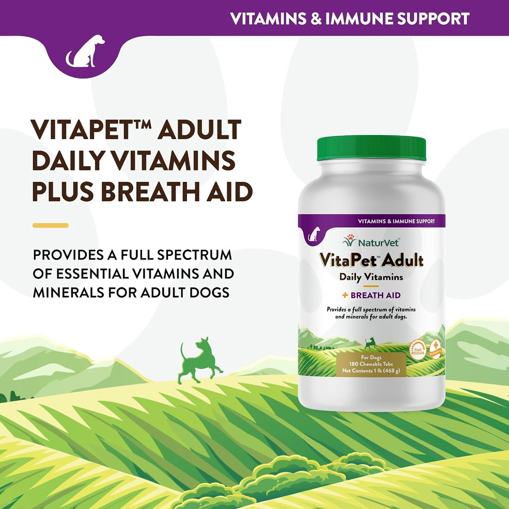 NaturVet VitaPet Vitaminas Diarias para Perros Adultos con Aliento Fresco - 180 Comprimidos