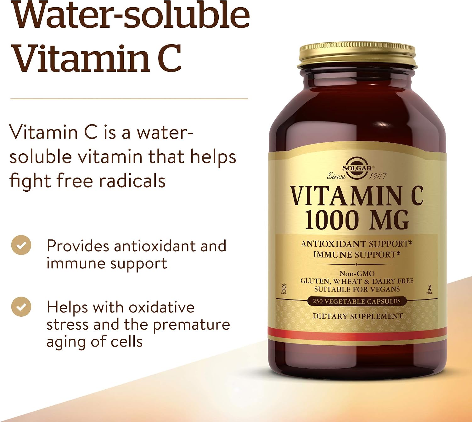 Solgar Vitamin C 1000 mg, 250 Vegetable Capsules - Antioxidant and Immune Support with Bioflavonoids