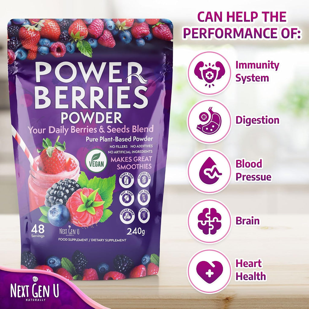 Super Berry Powder - 1 Paquete, 240g - Apoyo Inmunológico - Complemento Alimenticio - Bayas Superfood - Mezcla para Batidos - Impulso Saludable para Bebidas Detox - de NextGenU