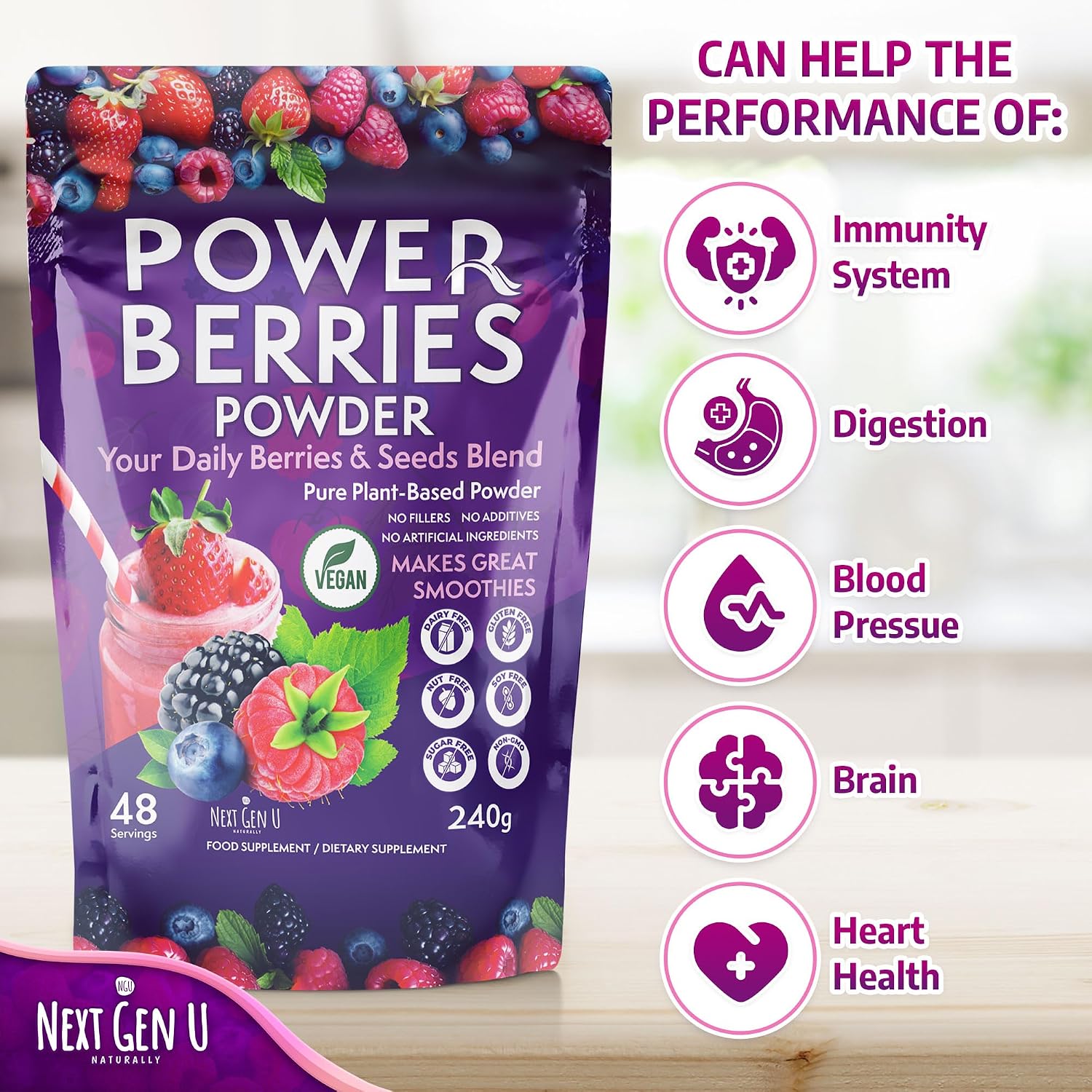 Super Berry Powder - 1 Paquete, 240g - Apoyo Inmunológico - Complemento Alimenticio - Bayas Superfood - Mezcla para Batidos - Impulso Saludable para Bebidas Detox - de NextGenU