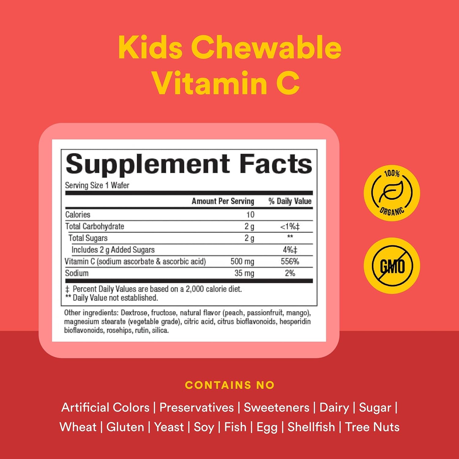 Natural Factors Vitamina C Masticable para Niños 500 mg - 180 Comprimidos - Sabor Melocotón, Maracuyá y Mango