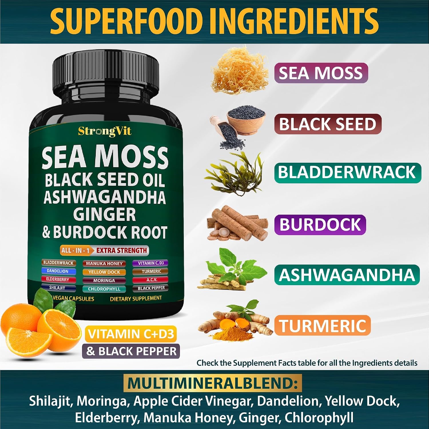 StrongVit Cápsulas de Sea Moss Orgánico con Aceite de Semilla Negra, Ashwagandha y Jengibre, Raíz de Bardana y Vejiga de Mar, Suplemento Multimineral Avanzado