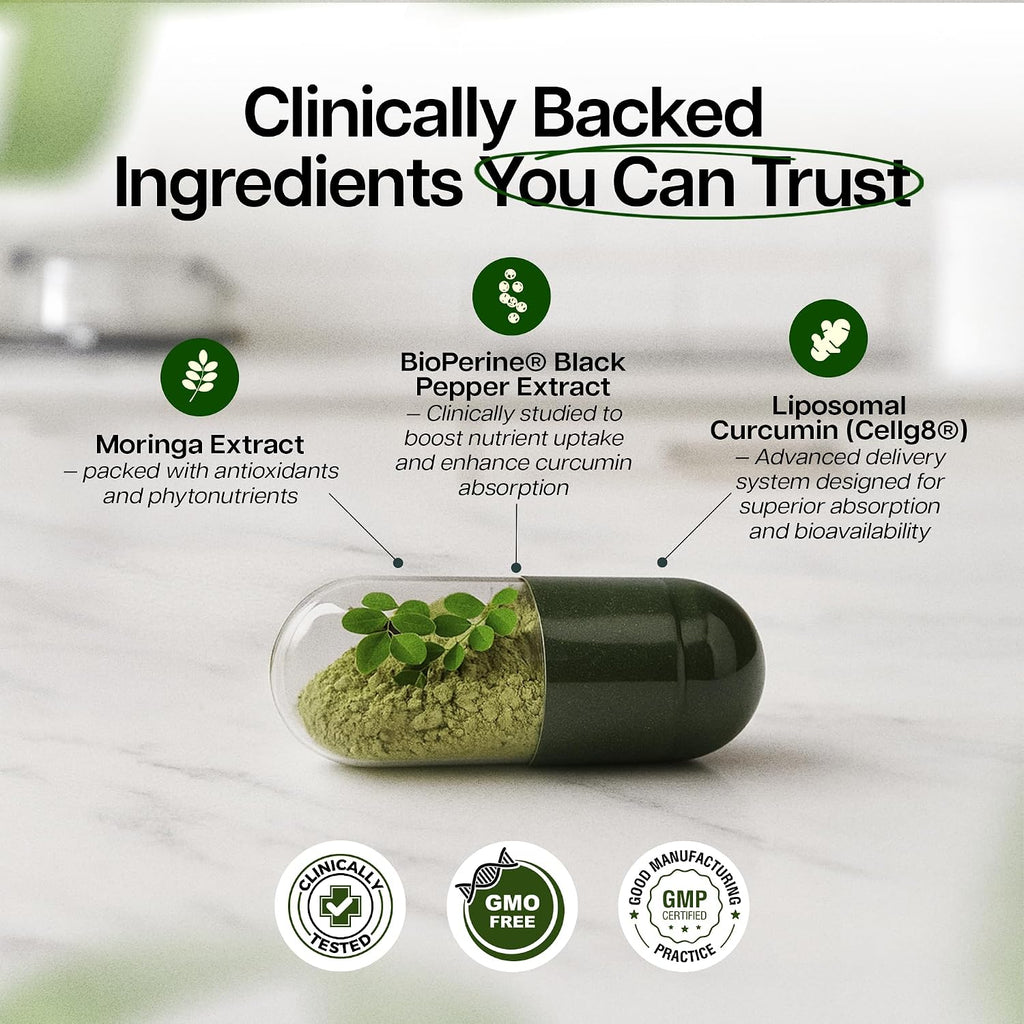 Benevolent Moringa Cápsulas con Curcumina Liposomal y BioPerine – 180 Cápsulas