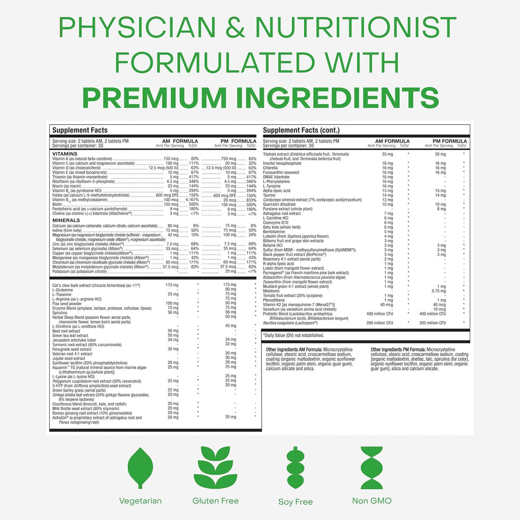 HealthyCell AM/PM Healthspan System - 90+ Vitaminas, Minerales, Fitonutrientes, Probióticos y Enzimas - 60 Comprimidos AM y 60 PM