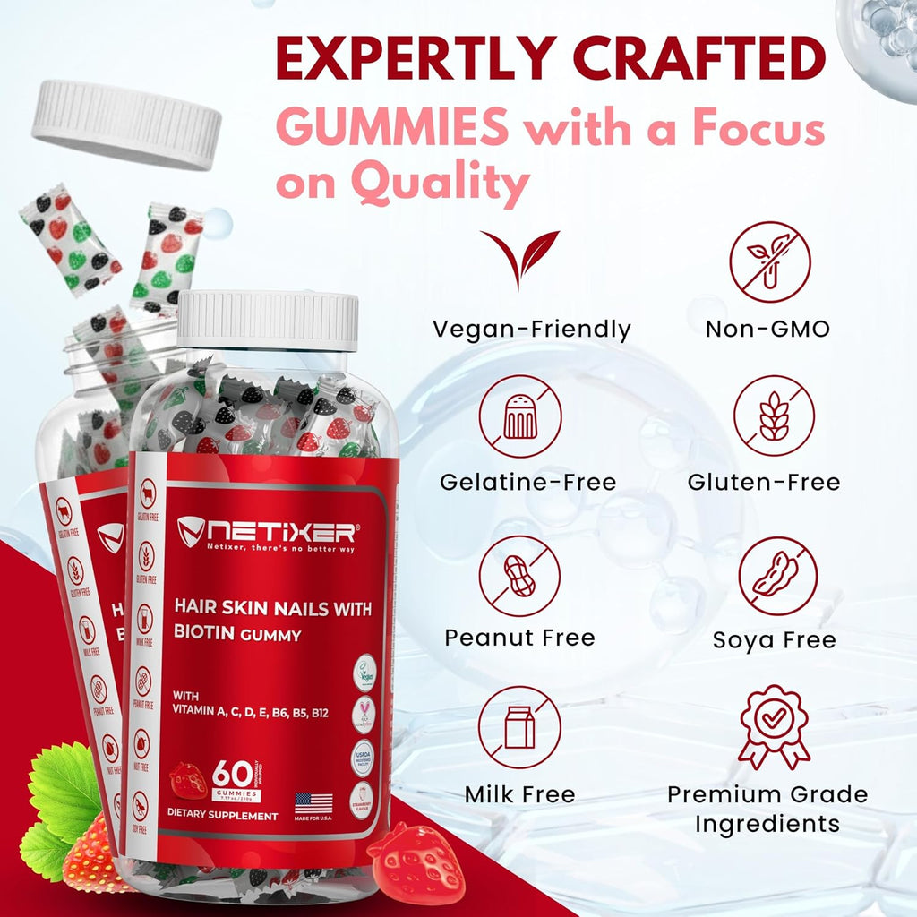 nETiXER Biotin Gummies 5000 mcg | Multivitamin Gummies | Vitamins A C D E B6 B12 with Zinc | Strawberry Flavor | Vegan | Individually Wrapped | 60 Count