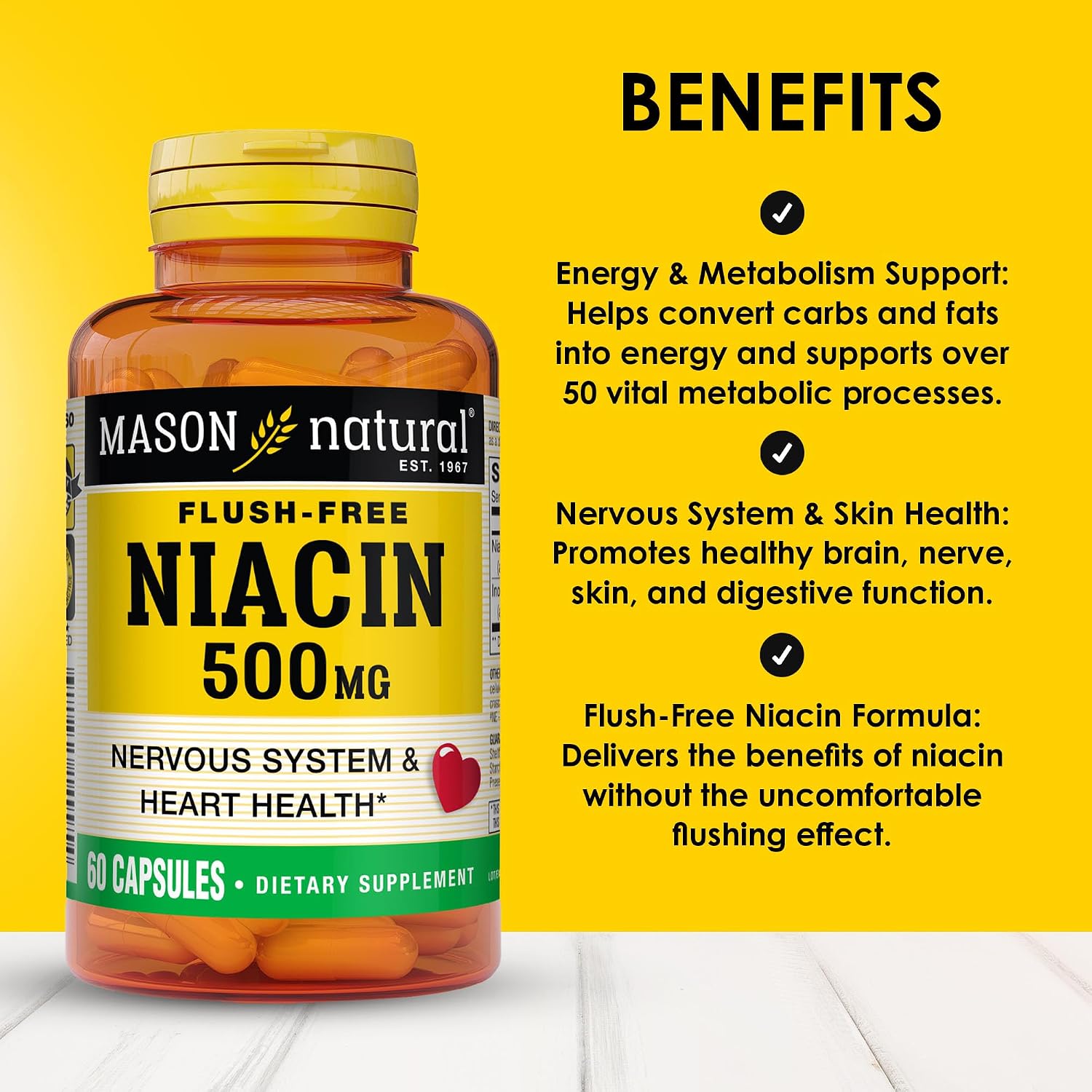 MASON NATURAL Niacina 500 mg Sin Enrojecimiento, 60 Cápsulas (Pack de 3)