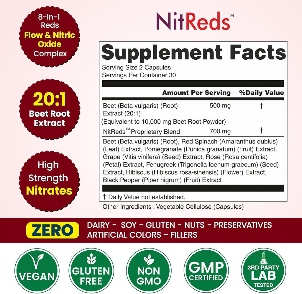 NitReds Suplemento de Óxido Nítrico con Remolacha, Granada y Uva - 60 Cápsulas - Apoya la Circulación y Salud Cardiovascular