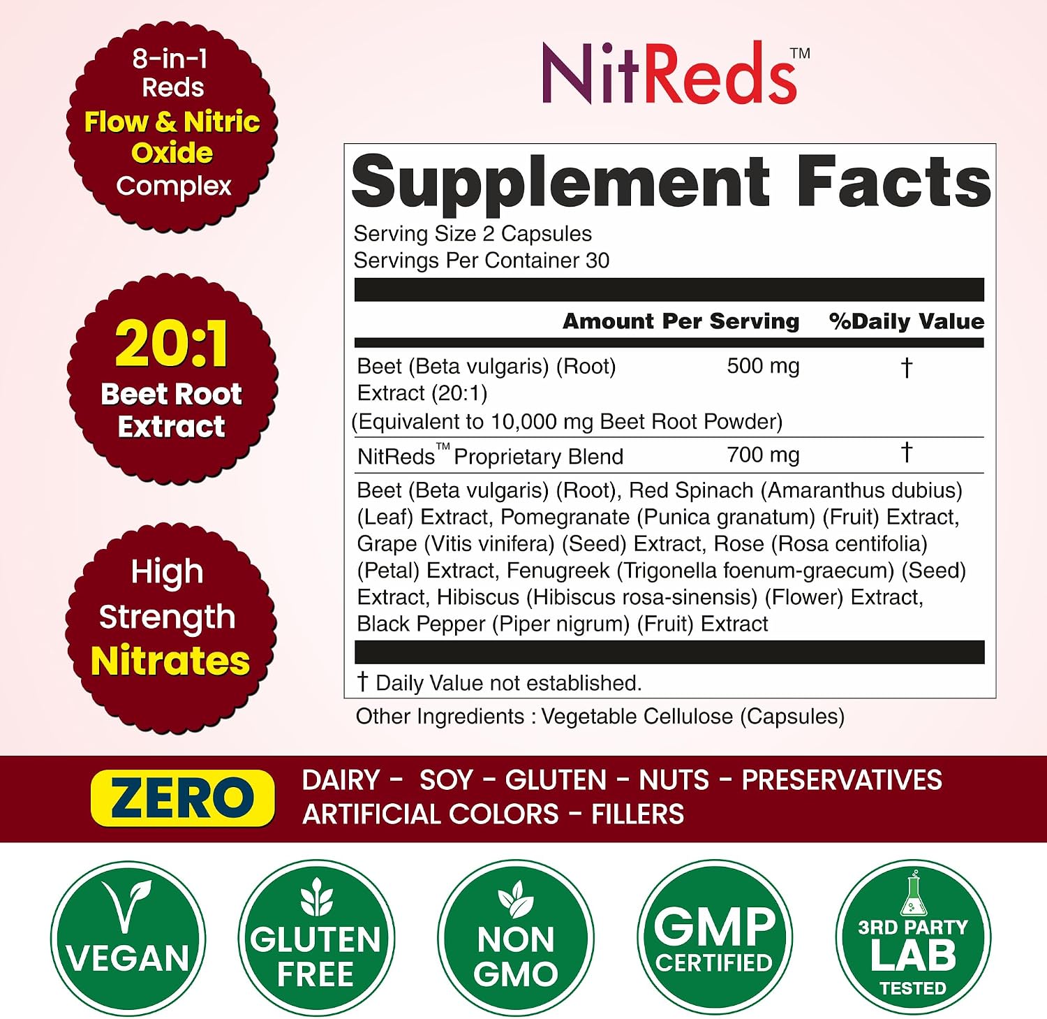 NitReds Suplemento de Óxido Nítrico con Remolacha, Granada y Uva - 60 Cápsulas - Apoya la Circulación y Salud Cardiovascular