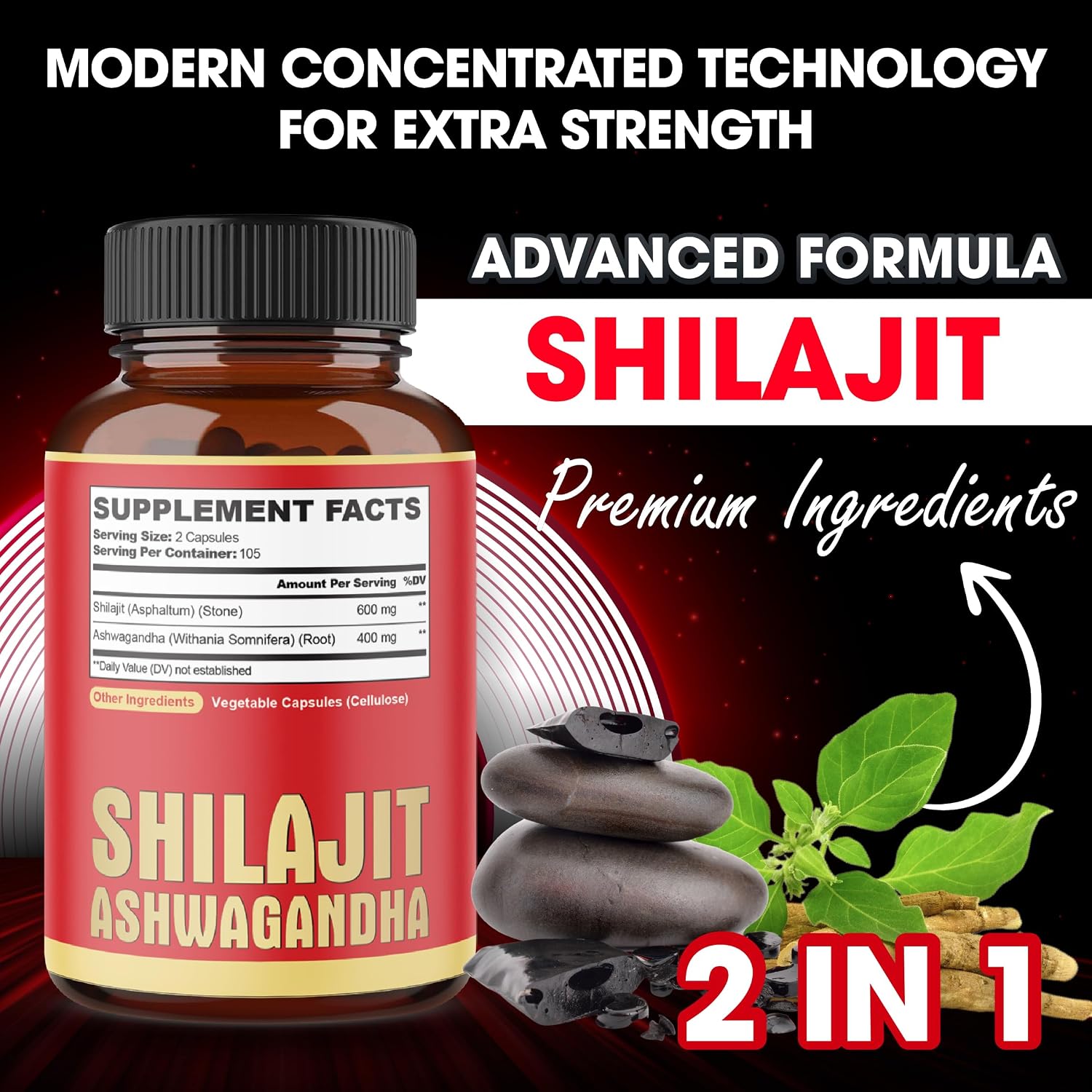 agobi Shilajit con Ashwagandha, 210 Cápsulas - 600mg Shilajit Puro del Himalaya + 400mg Ashwagandha Orgánica
