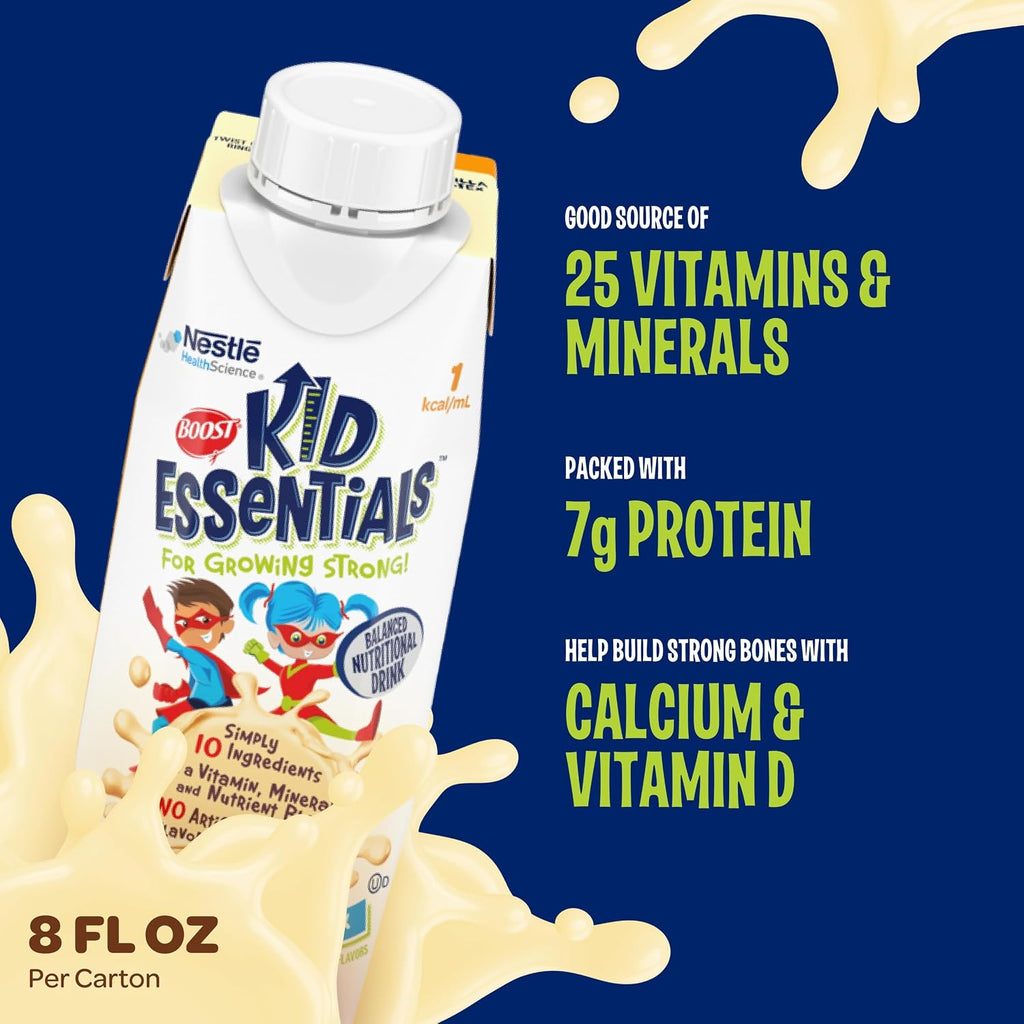 BOOST Kid Essentials 1.0kcal Balanced Nutritional Drink for Kids, Vanilla Vortex, 8 fl oz (Pack de 24)