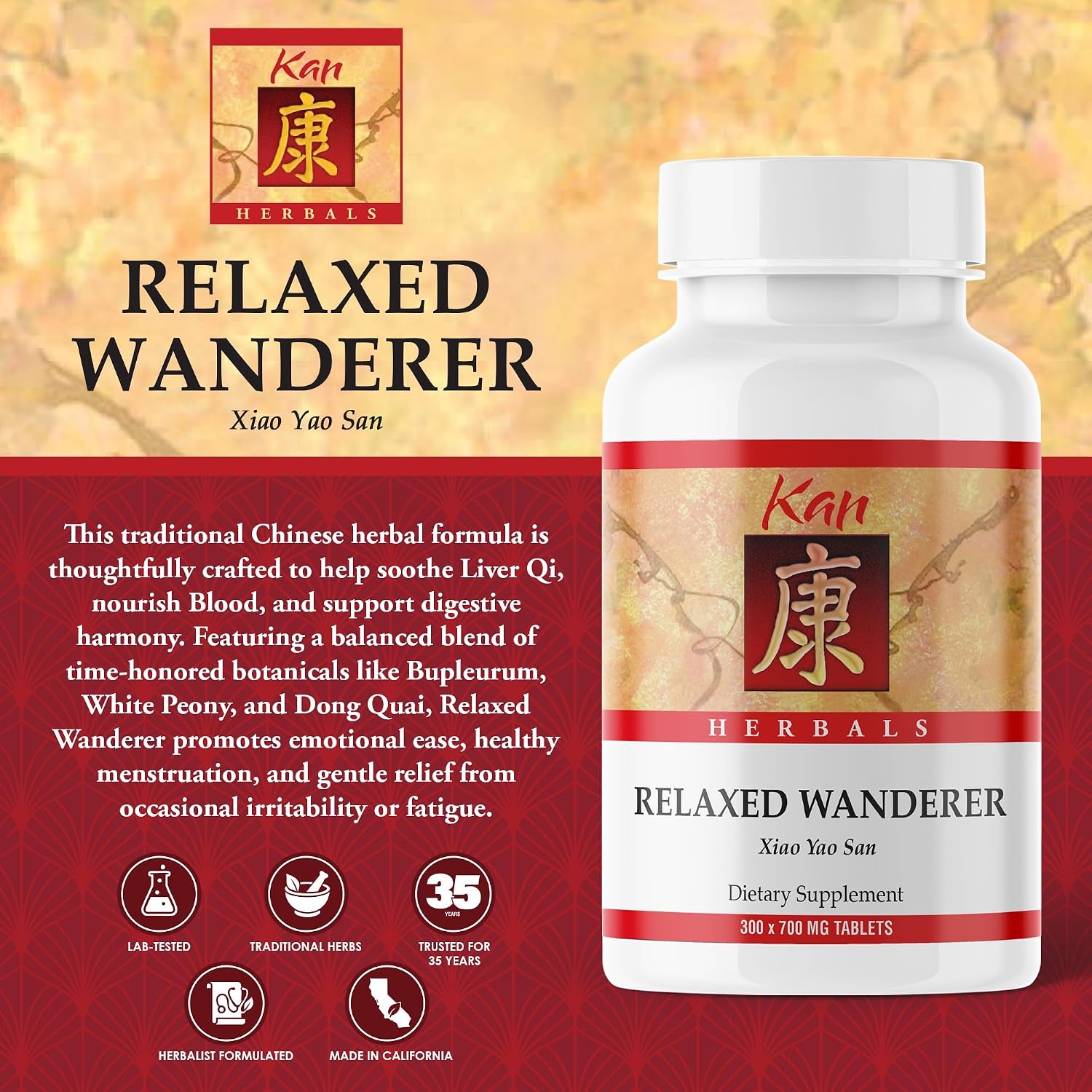 Kan Herbs Relaxed Wanderer Tablets – Fórmula Xiao Yao San, 300 Comprimidos