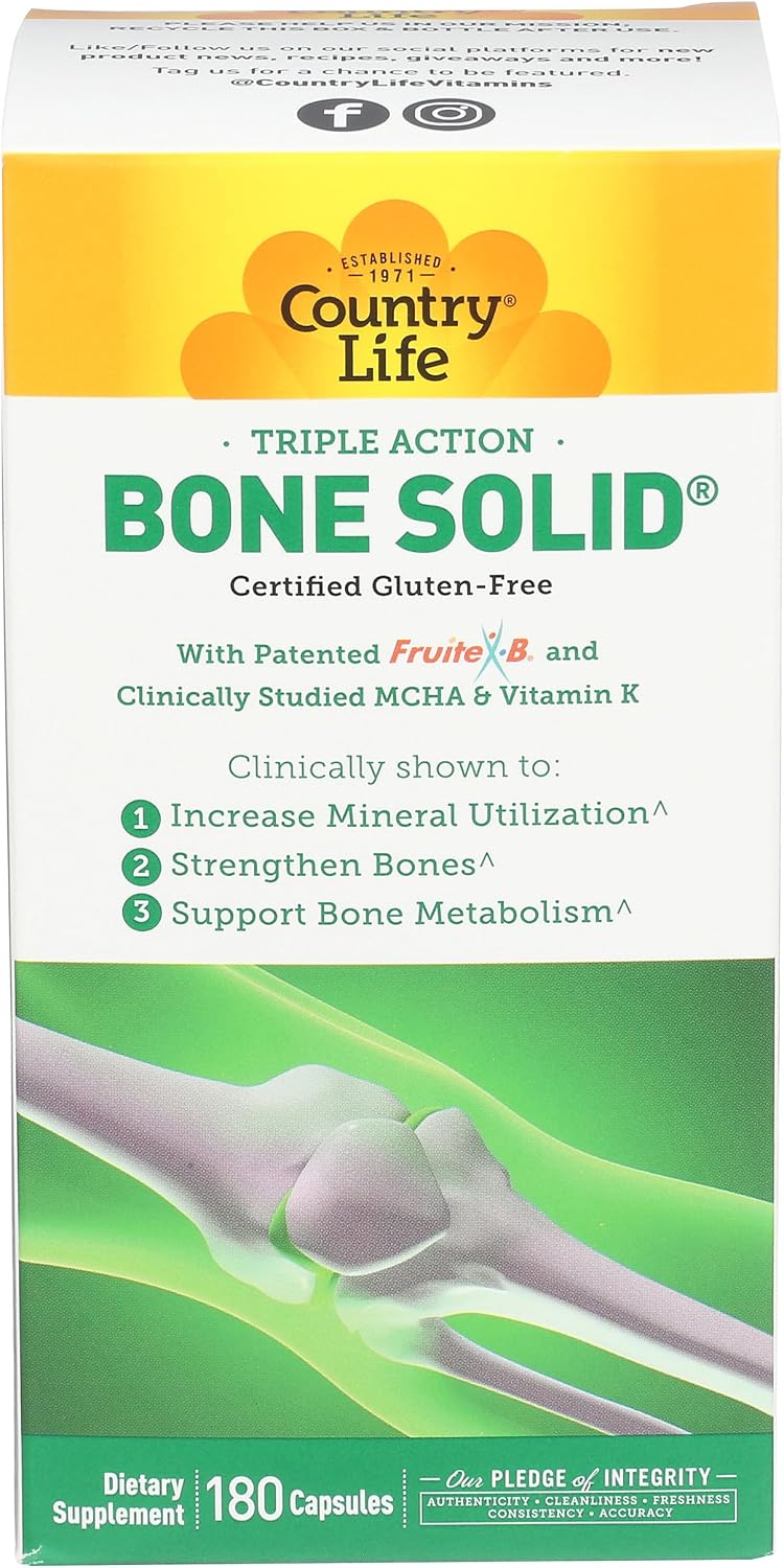 Country Life Bone Solid - Suplemento para la salud ósea con MCHA, calcio, magnesio, zinc, vitaminas K2 y D3 - 180 cápsulas
