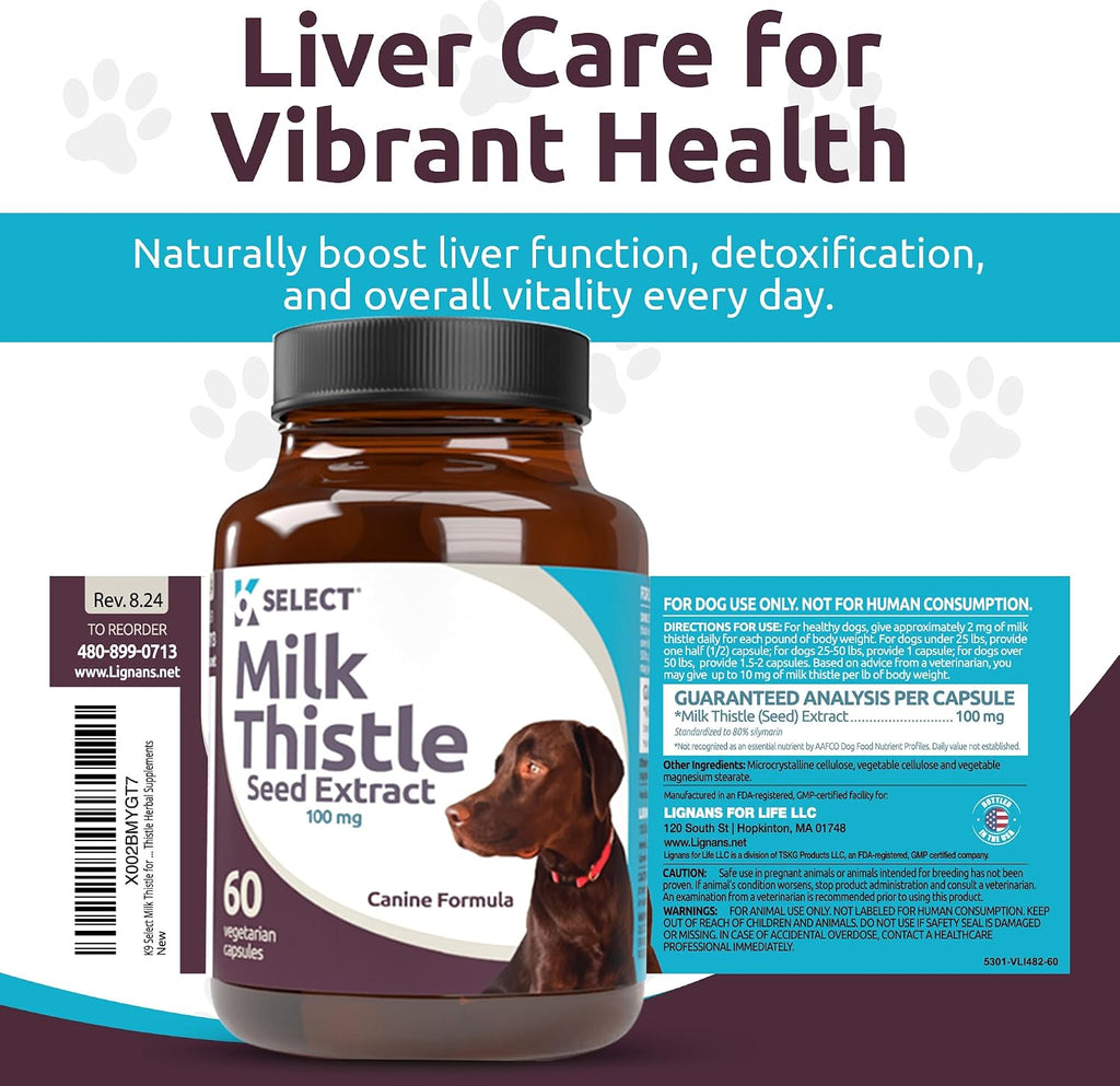 Milk Thistle for Dogs, 100mg - 60 Vegetable Capsules - Canine Liver Supplement