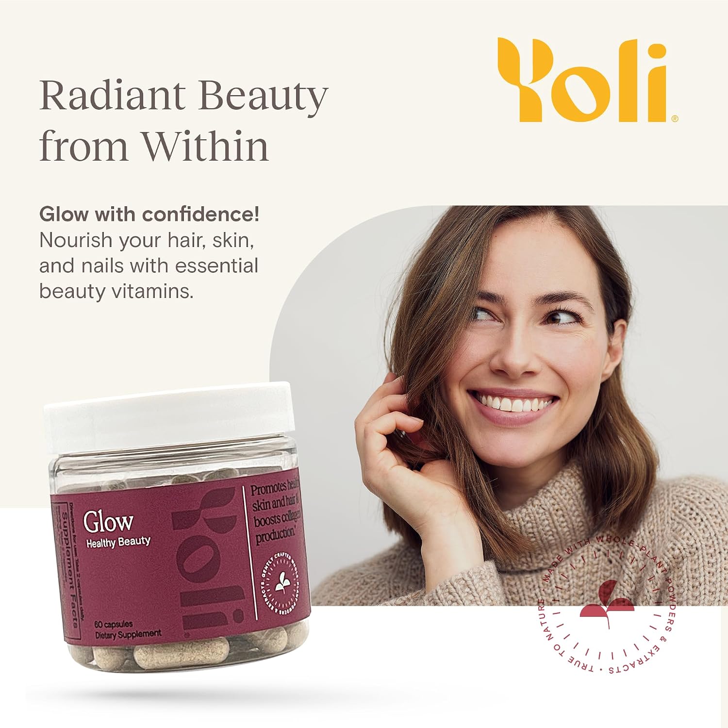 Yoli Glow Biotina y Colágeno Multivitamínico Diario, Cabello Piel Uñas, 60 comprimidos