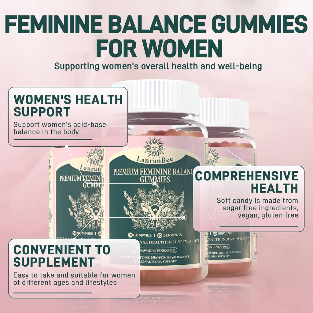 LanranBee Premium Feminine Balance Gummies - Probiótico Vaginal - 60 Gominolas - Sabor Piña Hawaiana