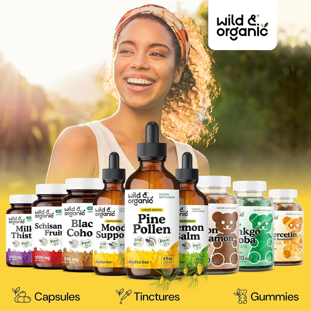 Wild & Organic Pine Pollen Tincture - Tintura de polen de pino ecológica - Extracto puro de Pinus Massoniana - Vegano, sin alcohol ni azúcar - 118 ml
