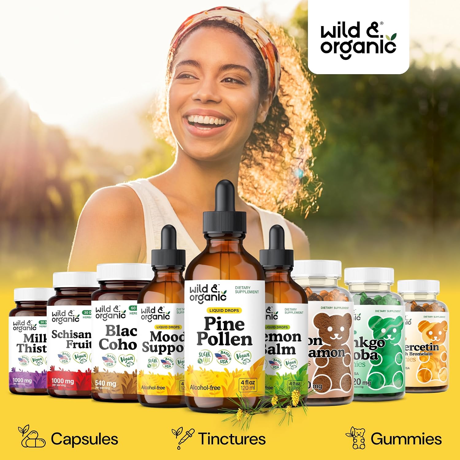 Wild & Organic Pine Pollen Tincture - Tintura de polen de pino ecológica - Extracto puro de Pinus Massoniana - Vegano, sin alcohol ni azúcar - 118 ml