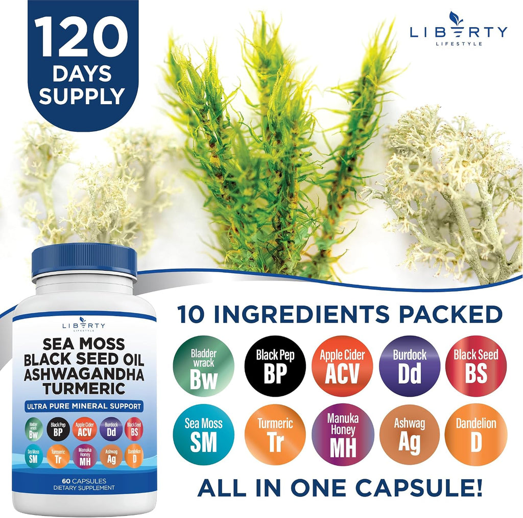 Liberty Lifestyle Sea Moss Black Seed Oil Ashwagandha Turmeric Bladderwrack Burdock - con Manuka, Honey Dandelion, ACV Black Pepper Gluten Free - 1-Pack