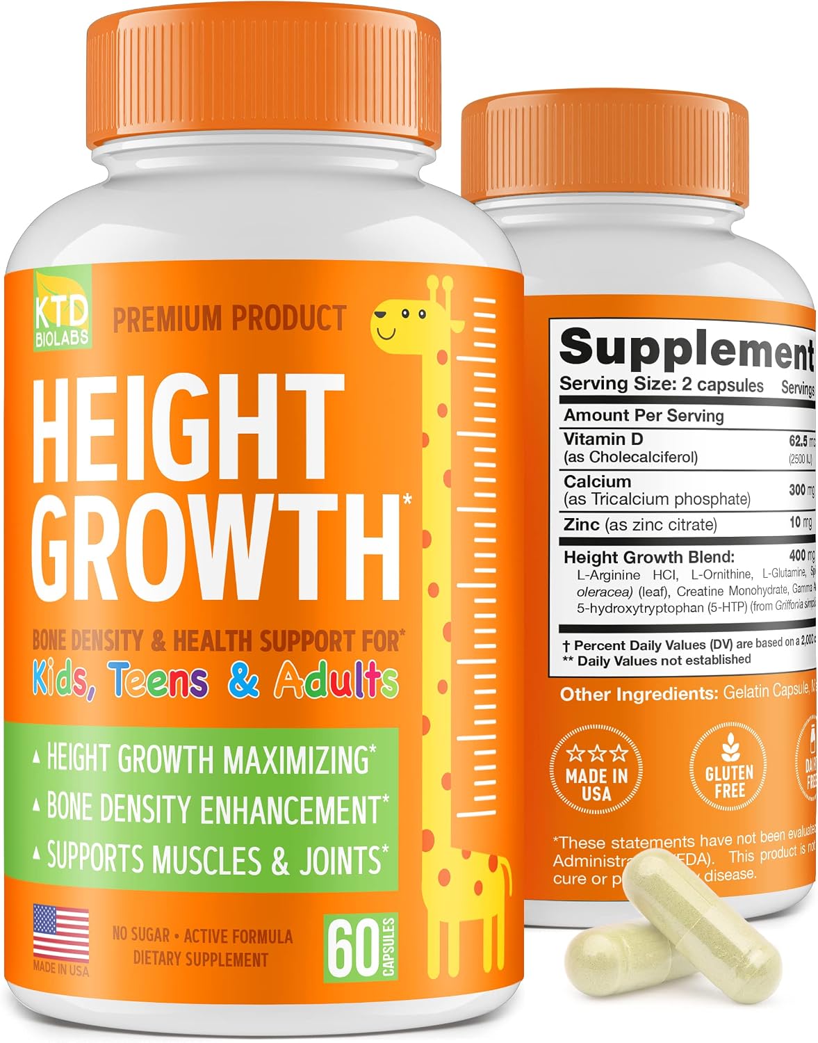 KTD BIOLABS Cápsulas de Crecimiento Infantil – Calcio, Vitamina D3 y Zinc – Fórmula de Desarrollo Diario para Niños y Adolescentes – 60 Cápsulas
