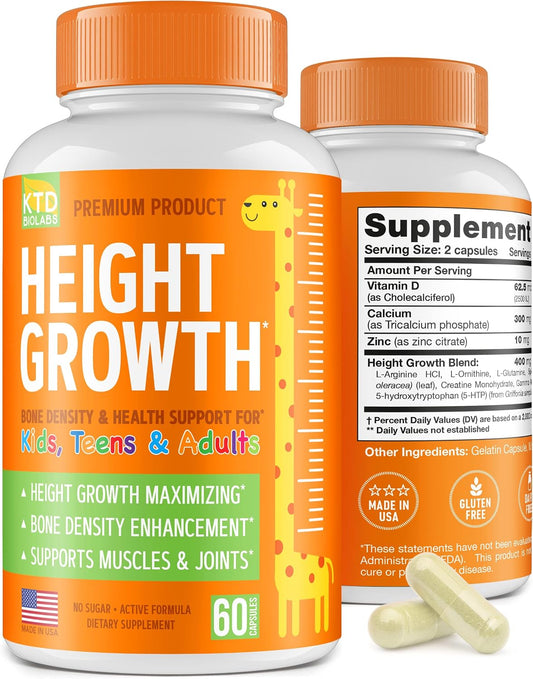 KTD BIOLABS Cápsulas de Crecimiento Infantil – Calcio, Vitamina D3 y Zinc – Fórmula de Desarrollo Diario para Niños y Adolescentes – 60 Cápsulas